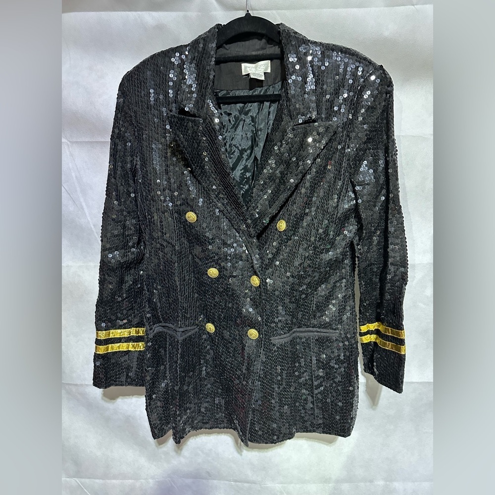 Vintage Lew Magram Black & Gold Sequin Nautical Blazer Military Sailor Sz Large